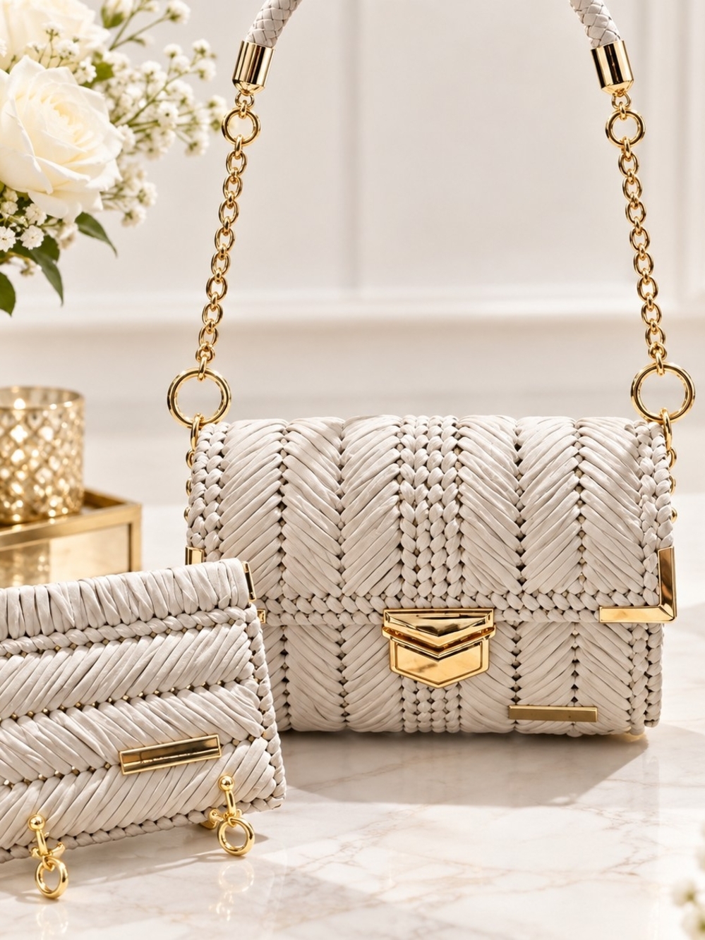 Ensemble Sac A Main & Porte Feuille Click Clasp De La Collection Limaxdy, Blanc